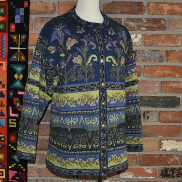 Coldwater Creek Floral Shetland Wool KNIT Cardigan SWEATER METAL BUTTONS Coat Sm - Picture 1 of 7